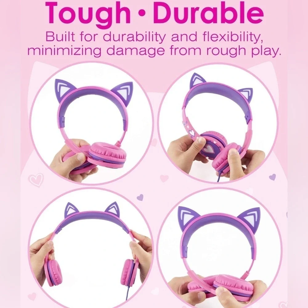 Kids Headphones LED Cat Ears On-Ear Wired Laced Tangle-Free Cables Girls Travel